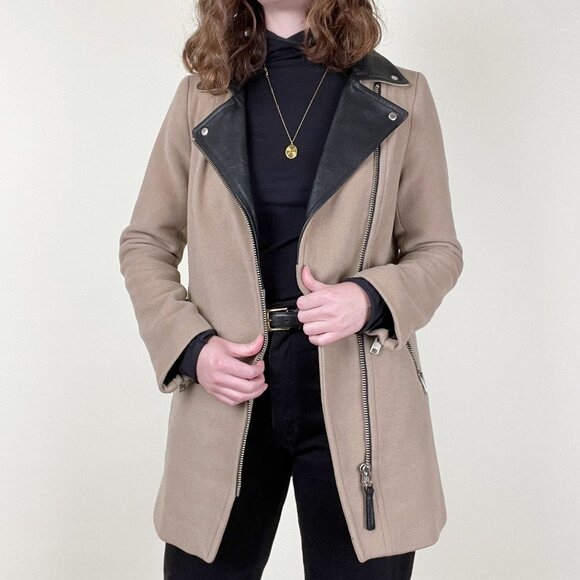 Mackage Wool Cashmere Leather Coat Jacket Moto Long Peacoat Preppy Motorcycle - Picture 1 of 11